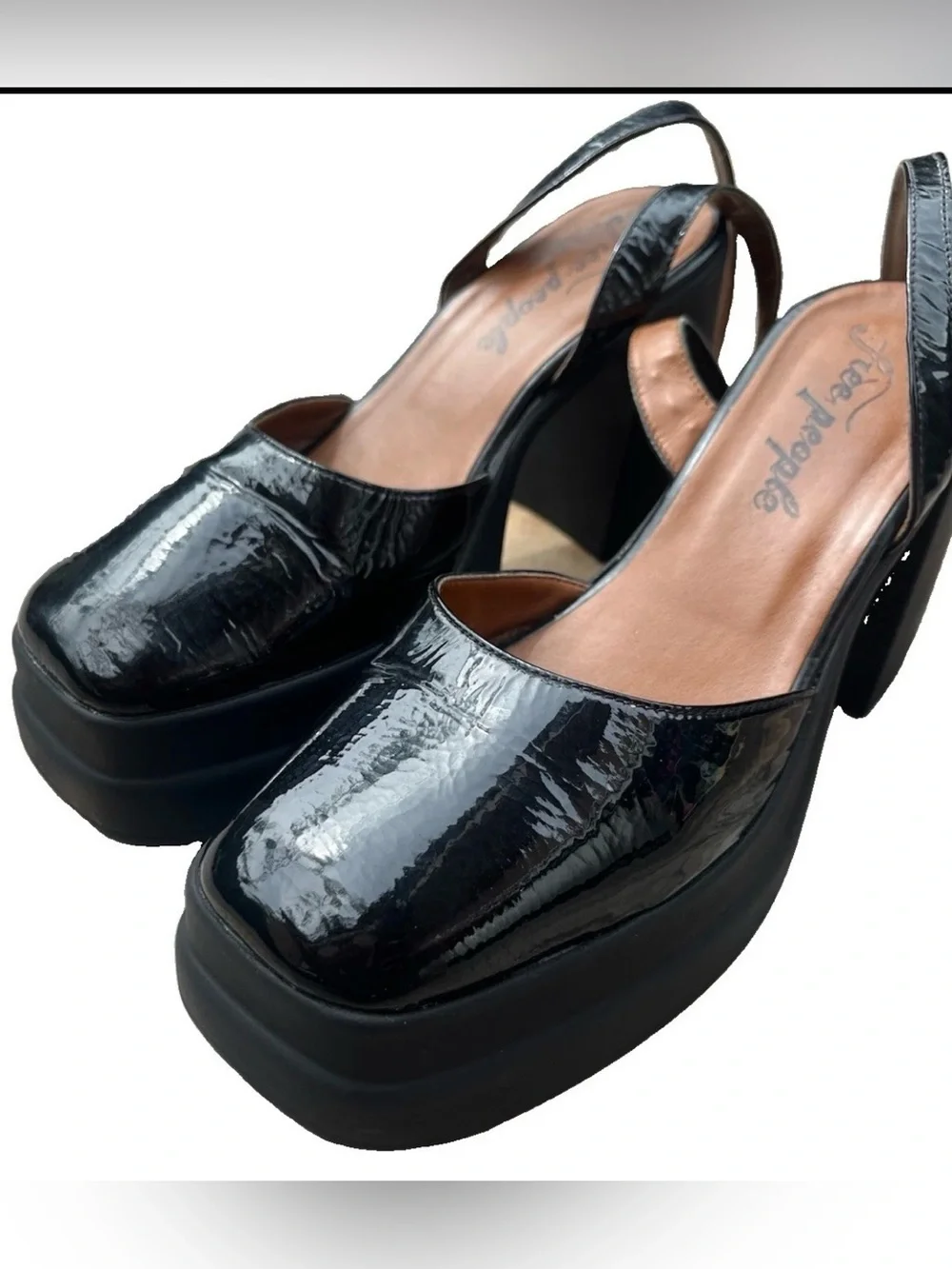 Free People Mary Janes Black Double Stack Platform Patent Leather Heels Sz 9.5